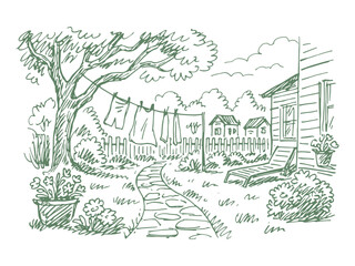 backyard garden scene hand drawn sketch line art vector illustration
