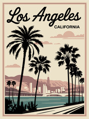 Fototapeta premium Mid-century linocut travel poster of Los Angeles with palm trees and hills in sandy beige and teal. Retro cursive lettering and thin border evoke classic California nostalgia.