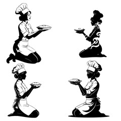 Four diverse female chefs kneeling and presenting delicious food platters in a stylized black and white illustration
