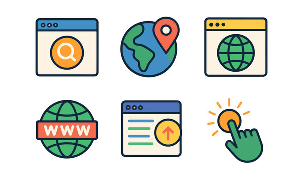 Colorful web browser icons featuring globe, search, and navigation elements in flat style