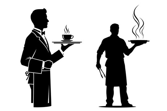 Two silhouettes of service staff one waiter serving coffee and another chef presenting hot food