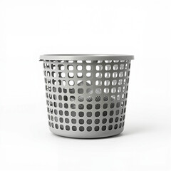Gray plastic laundry basket with perforated design on white background  