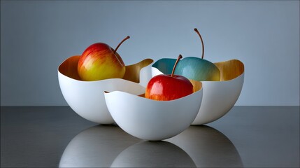 Three elegant white bowls with smooth curves, containing vibrant red and green apples, arranged on a reflective surface, showcasing a modern aesthetic and minimalist design concept