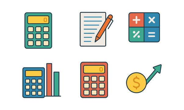 Colorful icon set of calculators, charts, and financial tools