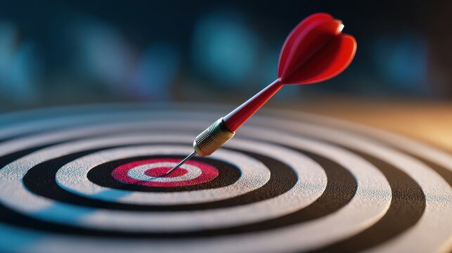 A High Resolution image of red dart hitting the bullseye on a dartboard, symbolizing success.