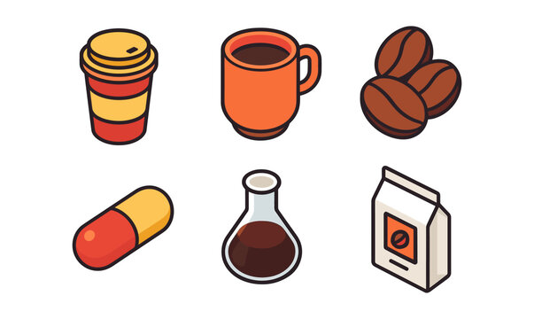 Colorful isometric coffee icons: cups, beans, and packaging for cafes and coffee lovers