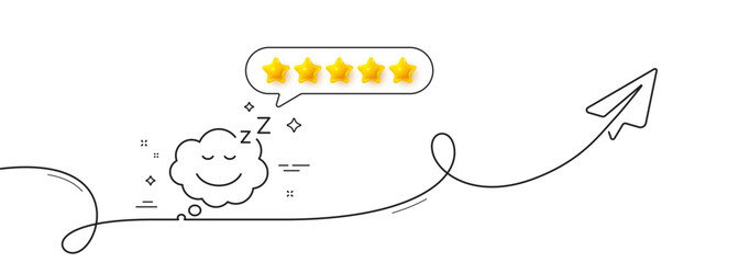Sleep line icon. Continuous line with share plane. Night rest sign. Comic speech bubble with smile symbol. Five star rate review in speech bubble. Sleep single line ribbon. Loop curve pattern. Vector