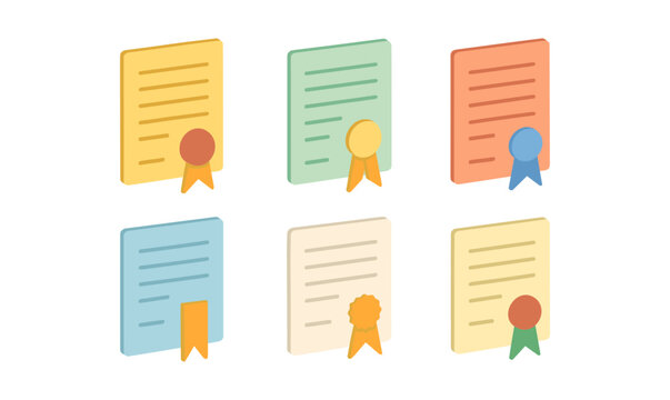 Colorful certificate collection with ribbons in pastel shades on white background