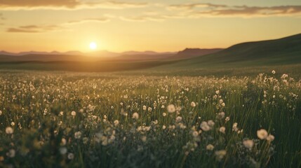 Golden sunset over a field of wildflowers with rolling hills
