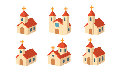 Isometric church icons set with red roofs and crosses in pastel tones