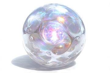 giant translucent glowing energy orb with a central sphere of rainbow fluid and pearlescent surface on a clean white background