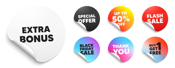 Extra bonus sticker tag. Special offer paper price tags. Extra bonus offer tag. Special gift promo sign. Sale promotion symbol. Discount, black friday sticker. Promo banner. Vector
