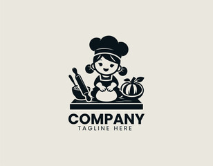 Cute cartoon girl chef kneading dough on table with flour bowl and rolling pin black vector logo design illustration