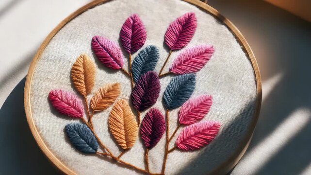 Handcrafted embroidery hoop art featuring colorful leaves in shades of pink, blue, and yellow, beautifully arranged on a neutral fabric background. Modern needlework decor inspiration