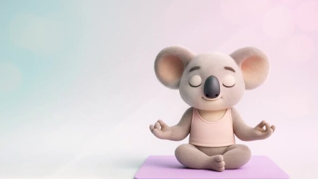 Adorable 3D cartoon koala sits in lotus pose on a lilac yoga mat with eyes closed and a calm smile. Soft pastel gradient background with generous copy space on the left. 