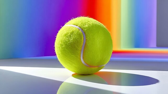 Bright yellow tennis ball resting on a reflective surface, surrounded by vibrant rainbow colors in the background, creating a dynamic and energetic atmosphere for sports and recreation themes