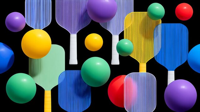 Colorful paddles and vibrant spheres arranged playfully against a black background, showcasing a dynamic composition that evokes a sense of fun and creativity in a playful environment