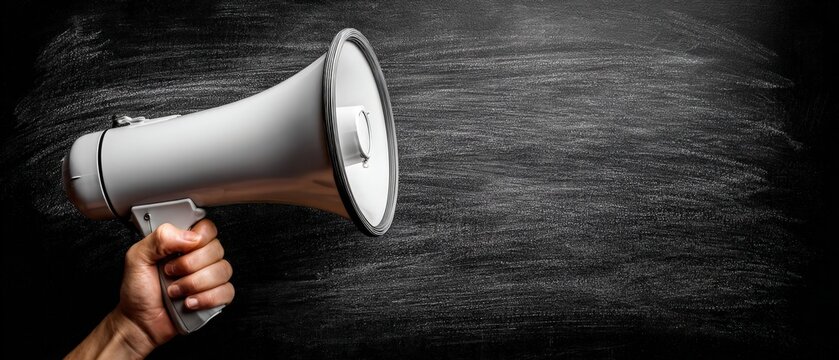 Hand holding a white megaphone against a textured black chalkboard background, symbolizing communication, announcements, and the power of voice in a creative environment