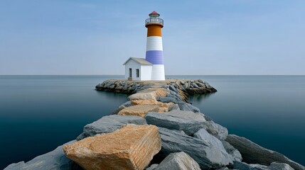Lighthouse standing tall on rocky pier, surrounded by calm waters, with a clear sky above, creating a serene coastal scene that captures the essence of maritime navigation and tranquility