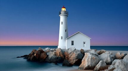 White lighthouse standing on rocky shore, illuminated by warm light, surrounded by calm ocean waters and a vibrant twilight sky, creating a serene coastal landscape at dusk