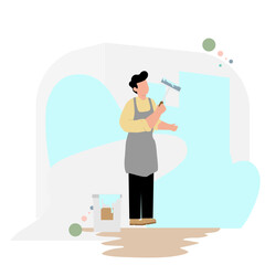 Flat vector of a painter decorating wall with a paint roller, wearing apron and casual outfit, minimal pastel illustration, clean and simple style, transparent background.
