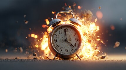A High Resolution image of alarm clock exploding in a fiery blast, symbolizing urgency and time running out.