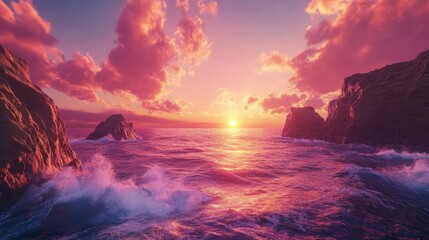 Ocean waves crash against rocky shores at sunset with pink clouds