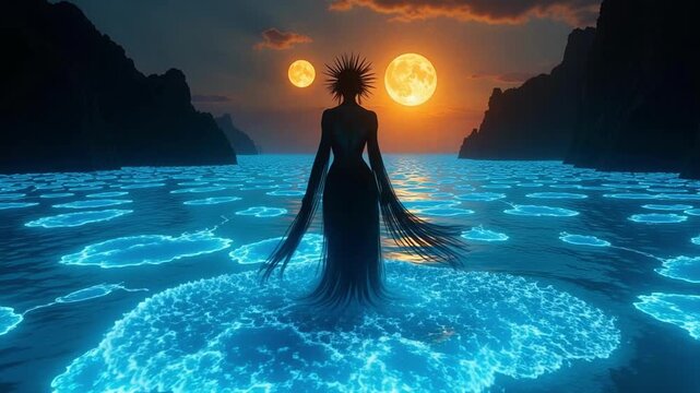 Ethereal ocean goddess arises from radiant waves under twin suns on a distant blue exoplanet, a stunning fantasy scene for creative projects