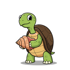 Fototapeta premium Cartoon vector illustration of a cute and funny tortoise with a big smile, next to a happy turtle character, set against a green nature background