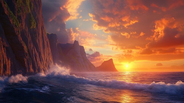Dramatic sunset over ocean waves crashing against rocky cliffs