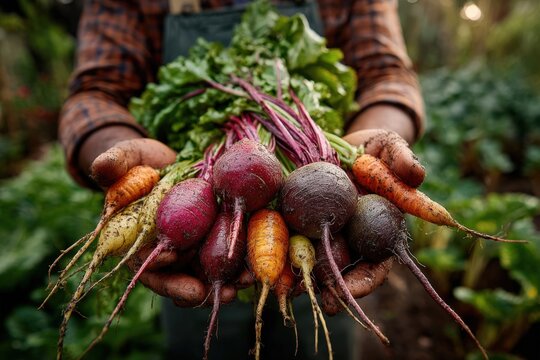 Hands holding a vibrant assortment of freshly harvested root vegetables, including radishes and carrots, showcasing organic farming and healthy eating concepts in a lush garden setting