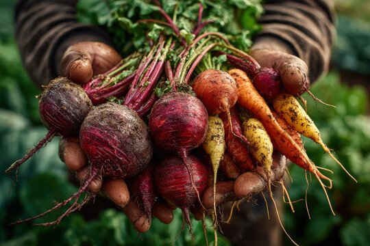 Freshly harvested root vegetables, including vibrant beets and carrots, held in hands, showcasing organic farming and the beauty of nature's bounty in a lush garden setting