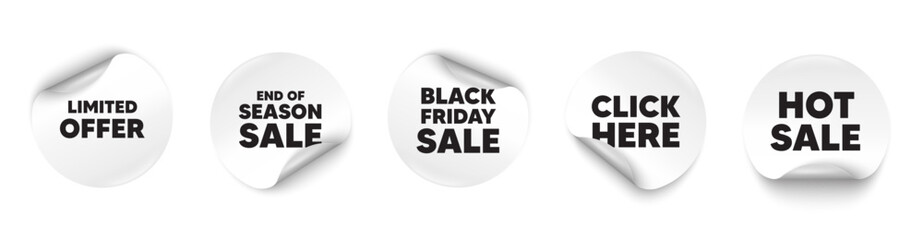Limited offer sticker tag. Season sale, Black friday paper price banners. Limited offer tag. Special promo sign. Sale promotion symbol. Click here sticker. Vector