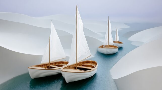 Four elegant sailboats with white sails gliding through a serene waterway surrounded by soft, flowing white sand dunes, creating a tranquil and picturesque maritime scene