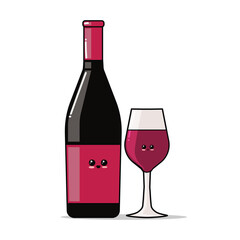 Cute red wine bottle and glass with happy faces