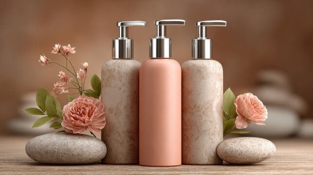 Spa beauty bottles with soft flowers and natural stones