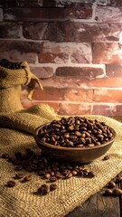 Roasted Coffee Beans in Bowl with Burlap Sack and Brick Wall.