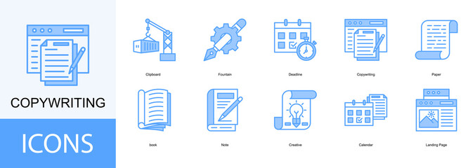 Copywriting icon collection set. Containing Clipboard, Fountain, Deadline, Paper, book icon.