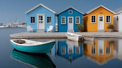 Fototapeta premium Colorful waterfront houses in blue, yellow, and white, reflecting in calm water with a small blue boat in the foreground, creating a serene and picturesque coastal scene with vibrant hues