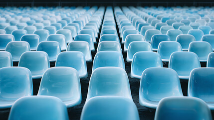 Naklejka premium Endless rows of vacant light blue plastic chairs in a large empty venue