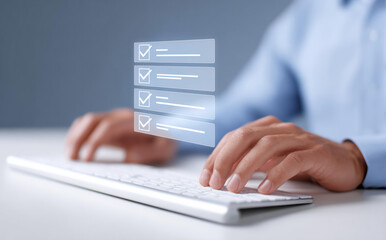 Focused businessman uses data driven hr management for workforce planning. Completing checklist on futuristic interface for efficient project success and evaluation