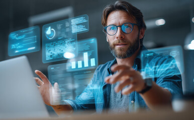 Focused businessman uses data driven insights for hr management and workforce planning. Futuristic technology assists strategic management and project analysis