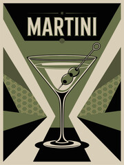 Retro vector Martini cocktail poster featuring a sleek glass with olives, geometric background in olive, beige, and gold, vintage mid-century typography, sophisticated stylish design