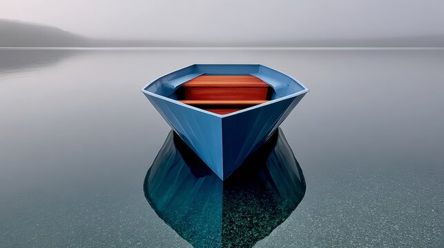Vibrant blue boat with wooden interior floating serenely on calm water, surrounded by misty landscape, reflecting tranquility and harmony in nature, perfect for serene and peaceful imagery