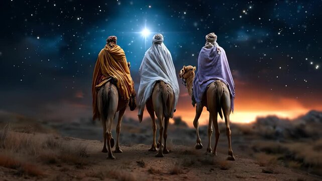 Three Kings, the Three Magi, riding camels through a desert at night, following the bright Star of Bethlehem in a spiritual Christmas Nativity scene.