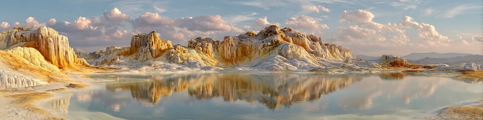 Dreamlike lemon-colored hills with pastel cloud cover and calm reflections
