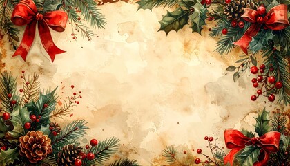 Vintage watercolor Christmas postcard with holly mistletoe and nostalgic aged paper texture