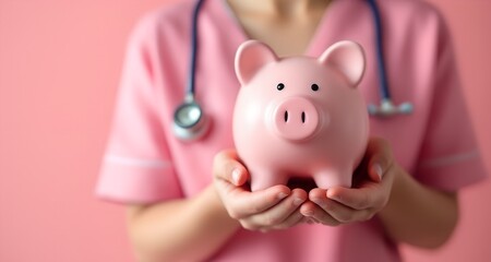 Adorable nurse in pink scrubs holds cute pink piggy bank with stethoscope. Charming symbol of healthcare savings, medical finance & financial wellness for hospital   hospital fund, cute 