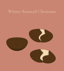 Roasted chestnuts on beige background. Flat design of winter seasonal food in shell and peeled isolated on neutral tone. Christmas vector illustration for menu, banners