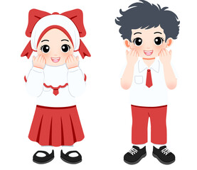 Cheerful Indonesian Students in Traditional School Uniforms, praying gesture